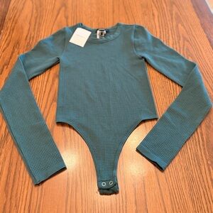 Forever 21 Teal Long Sleeve waffled One-Piece Bodysuit